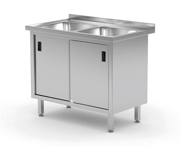 Tisch mit zwei Spülbecken, Schrank mit Schiebetüren, Maße 1000x600x850 mm