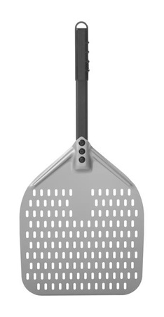 Pizzaschaufel mit Perforation und kurzem Griff, quadratisch aus eloxiertem Aluminium, 305x660mm