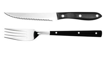 Steakmesser 120 mm, gezahnt, Pom-Griff, inkl. Gabel