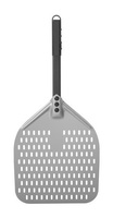 Łopata do pizzy z perforacją i krótką rączką, kwadratowa z anodowanego aluminium, 350x710mm